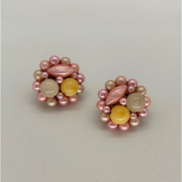 Japan Faux Pearls Necklace Earrings Pink Acrylic 4 Strands Clip-On Statement - Picture 13 of 16